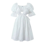 Foridol Lace Summer White Dress Women Puff Sleeve Embriodery Waist Cut Out Beach Short Sexy Cotton Dress Backless 2025 Sundress