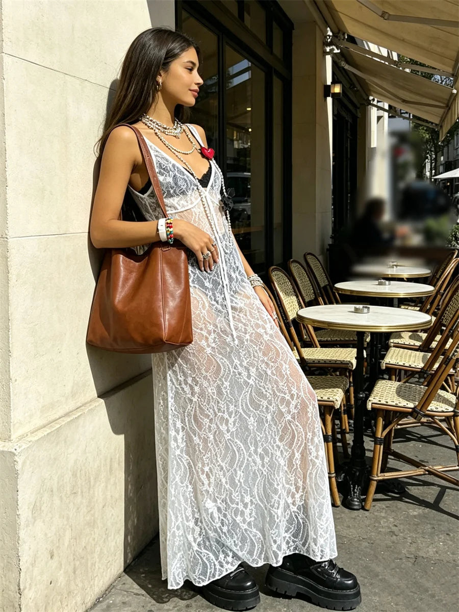 Women Lace Dress Sleeveless V Neck Long Dress for Party Club Beach 2026 Summer Sexy See Through Bikini Cover-ups