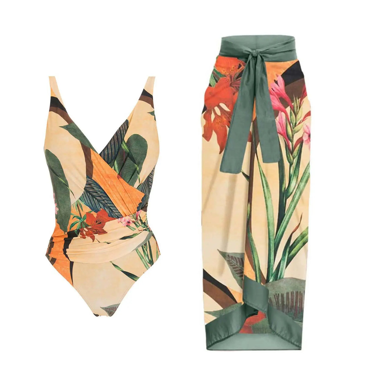 2 Pieces Retro Printed Swimsuit With Cover Up Sexy Women Swimwear 2025 V Neck Bikinis Female Biquini 3XL Bodysuit Beachwear