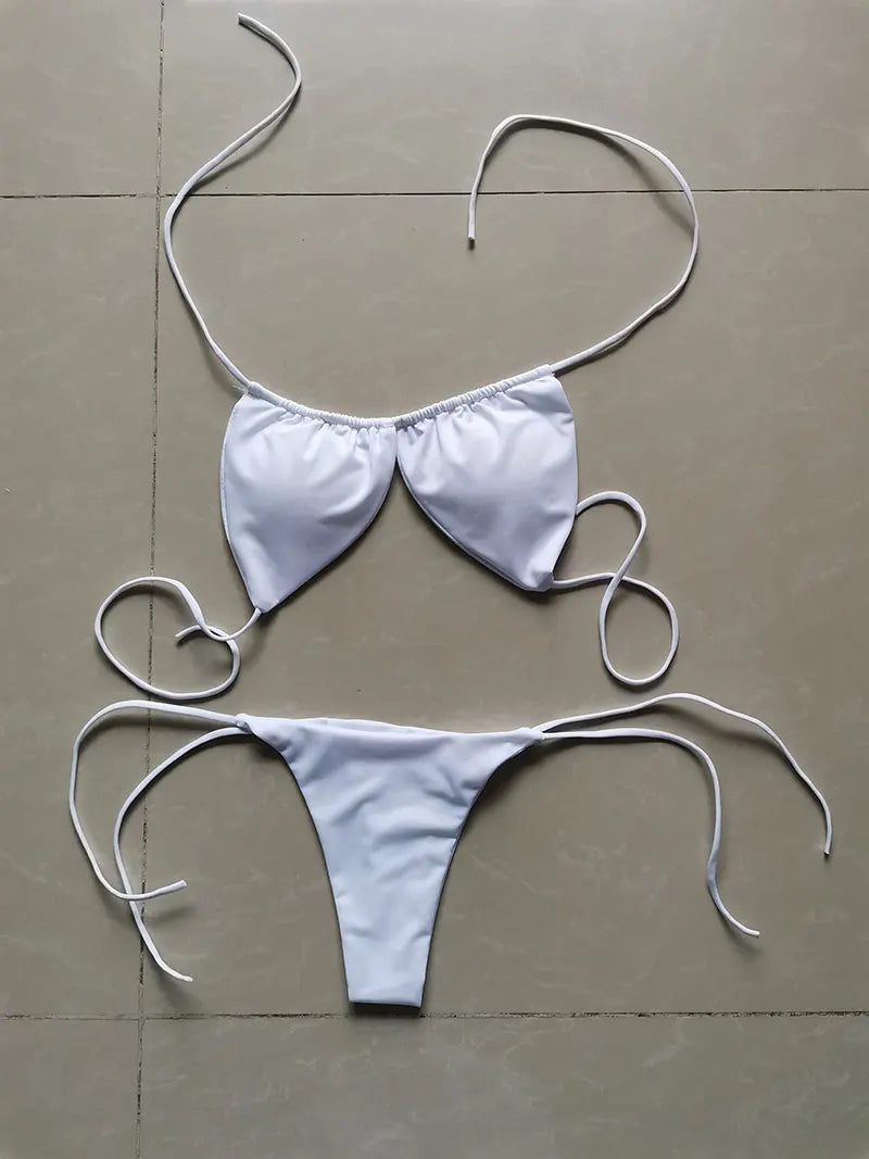 Summer Sexy Bikini set Push-up padded Bra Thong Split Swimwear Female Bandage Bathing Suit Adjustable Lacing Swimsuit Solid