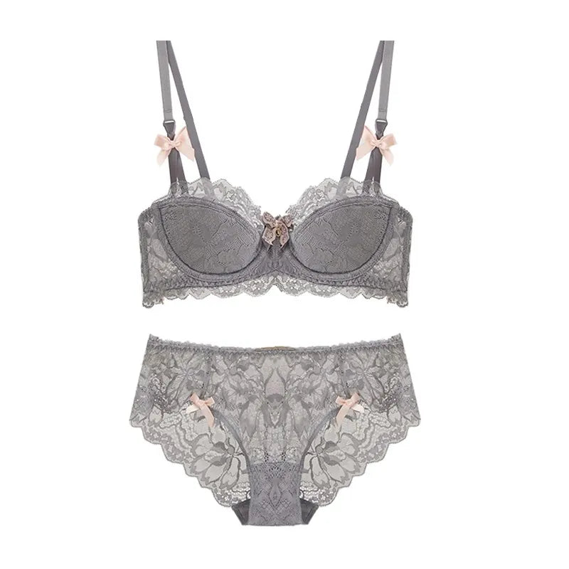 Modest French Pure Desire Bralette AB Cup Full Coverage Lace Bra & Set Small Bust Push Up Wireless for Chubby Girl Bow Plus Size