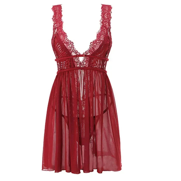 Women Sexy Lace Backless Nightgown Deep V Neck Sleepwear Split Hem Babydoll Nightdress Sheer Mesh Pajamas Lingerie