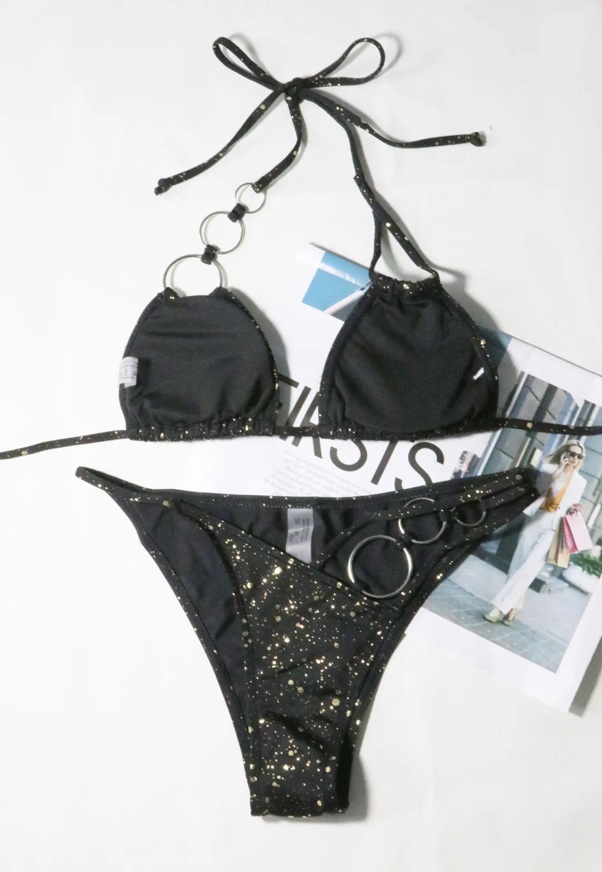DEKA String Halter Ring Bikini Set Solid Shiny Swimsuit New Linked Chain Swimwear Women Strappy Bathing Suit Beach