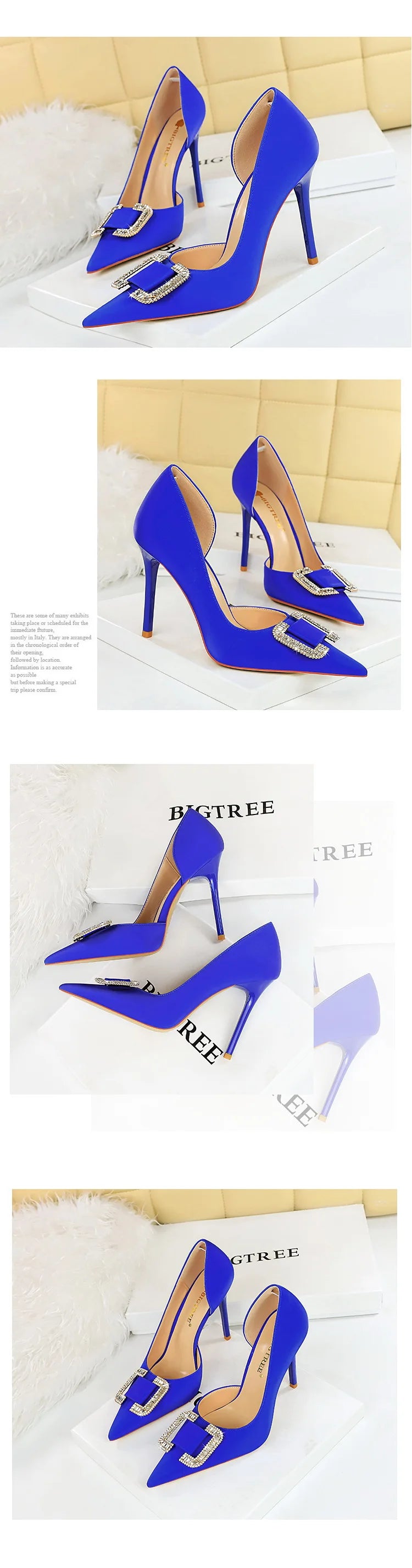 BIGTREE Pumps Elegant Pointed Crystal Buckle Slim High Heel Single Shoes Women Silk Spring/Summer High Heel Pumps Wedding Dress