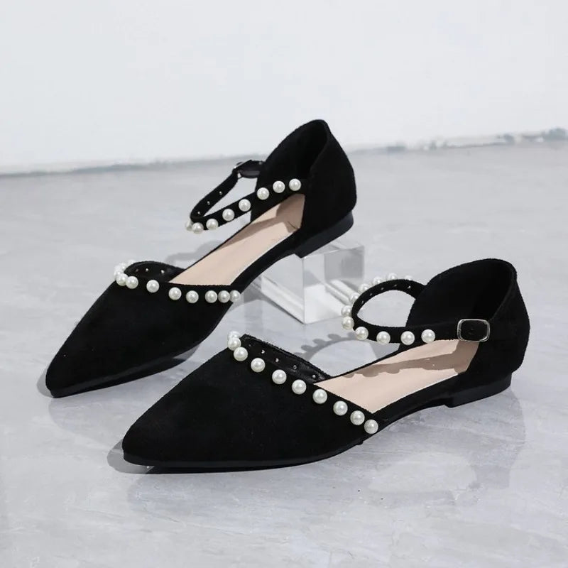 Shoes for Women 2025 Closed Toe Women's Sandals Concise Daily Ladies Pointed Toe String Bead Buckle Strap Cover Heel Flat Shoes