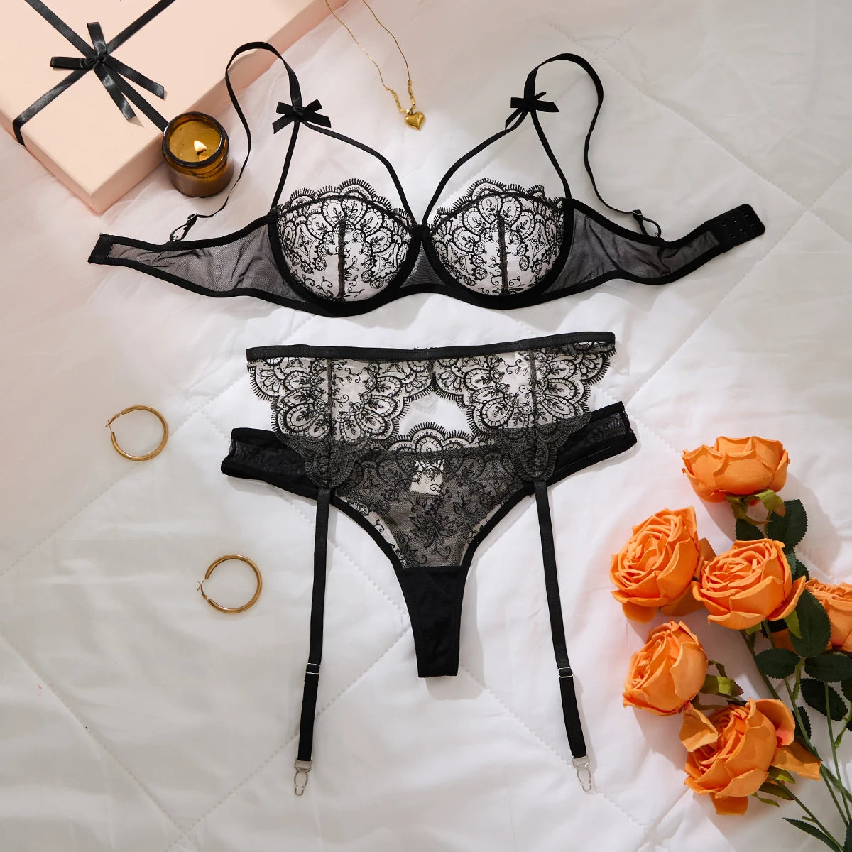 Black Thigh-High Stockings With Sexy Lace Single-Layer Thin Embroidered Lingerie Set, French-Style Pure Passion ZA825205