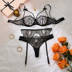 Black Thigh-High Stockings With Sexy Lace Single-Layer Thin Embroidered Lingerie Set, French-Style Pure Passion ZA825205
