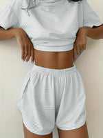 2026 New Women's Striped Pajama Set Summer Short-Sleeved T-Shirt and Shorts 2-Piece Set Home Wear Casual Loose Round Neck Pajama