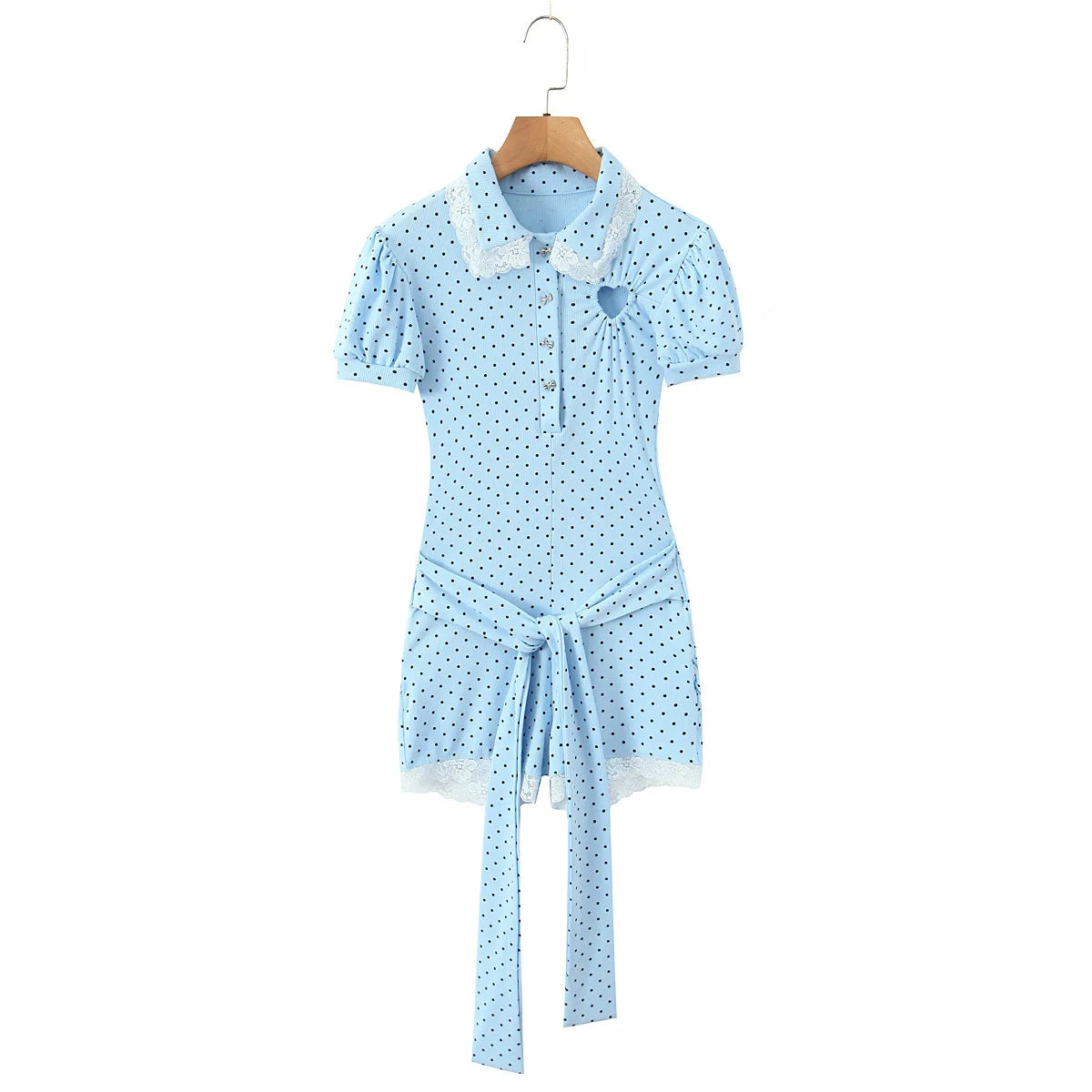 New Pure Desire Casual Style Lace Patchwork Heart Hollow Out Puff Sleeve Polka Dot Belt Jumpsuit Shorts For Woman Charming 6M0J