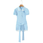 New Pure Desire Casual Style Lace Patchwork Heart Hollow Out Puff Sleeve Polka Dot Belt Jumpsuit Shorts For Woman Charming 6M0J