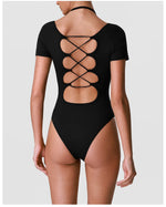 Summer Women's Cross Hollow Back Yoga Jumpsuit Short Sleeved Slimming Sports Overalls High Stretch Push Up Fitness Bodysuit