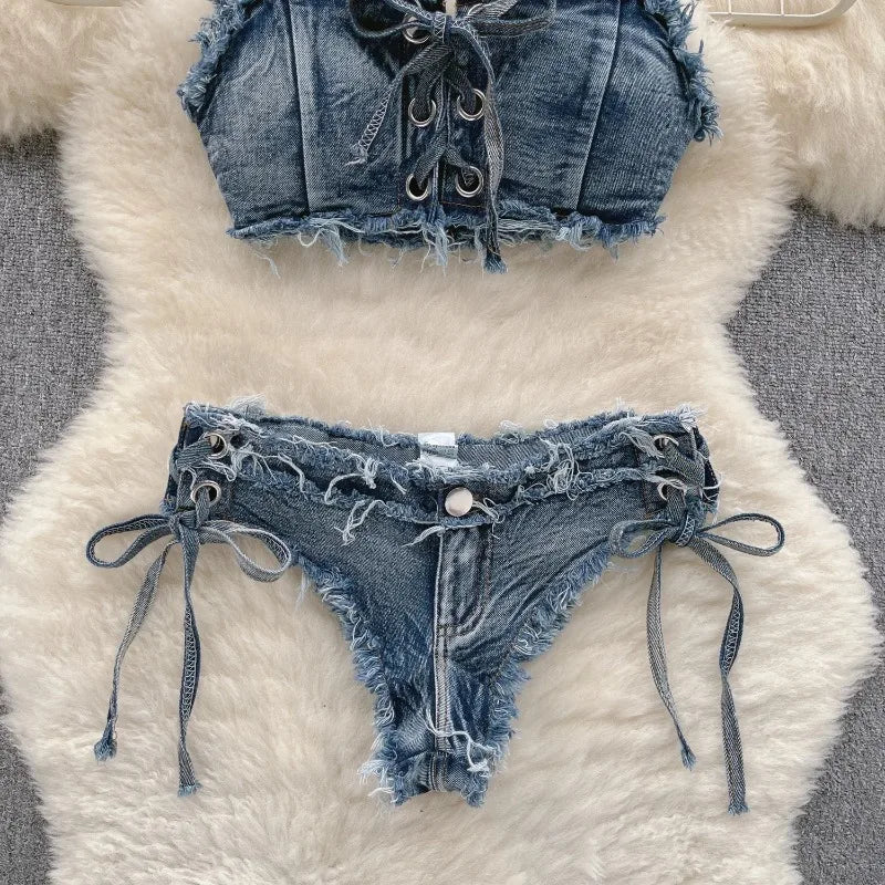 Bathing Suit Women Sexy Denim Suits Bikini Set Lace Up Drawstring Beachwear 2025 Solid Summer Vintage Two-pieces Swimwear