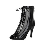 Plus Size Women Patent Leather Mesh Spliced Ankle Boots Back Zipper Peep Toe Lace Up Stiletto High Heels Hollow Out Summer Booti