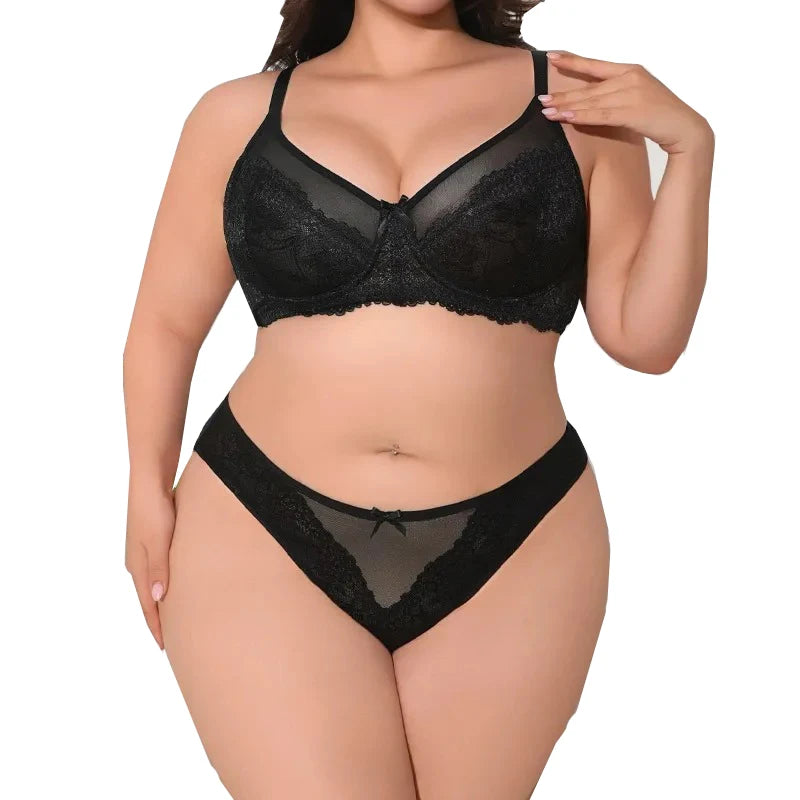 Women's Plus Size Bra Set Underwire Push-Up Anti-Sagging Sheer Lace Underwear Ultra-Thin Soft Comfortable Breathable Intimate