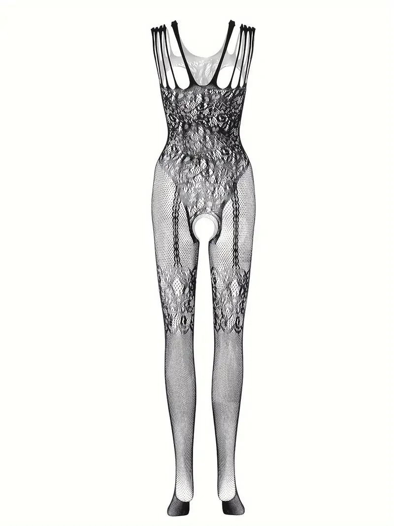 Sheer Floral Jacquard Fishnet Bodysuits - High Stretch, Open Chest, Women Sexy Lingerie Crotchless Bodystockings Babydoll Dress