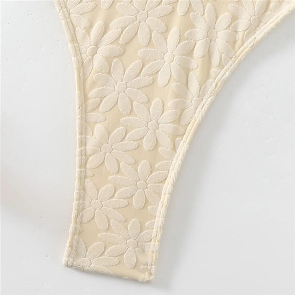 Sexy Off White Flower Swimwear One Piece Swimsuit Women Cross Bandage Cut Out Monokini High Cut Bathing Suit Swimming Beach Wear