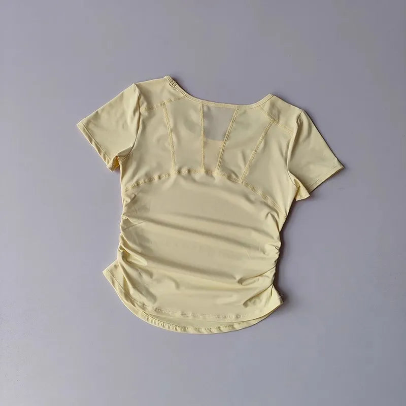 Women's Summer Yoga Sports Top Short Sleeve Pleated Waist Cinching Mesh Spliced Breathable Fitness T-Shirt