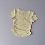 Women's Summer Yoga Sports Top Short Sleeve Pleated Waist Cinching Mesh Spliced Breathable Fitness T-Shirt