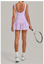 Naked Fake Two Piece Tennis Dresses with Pocket Bottom Women Back Hollow Out Pleate Skirts Outwear Square Collar Golf Yoga Dress