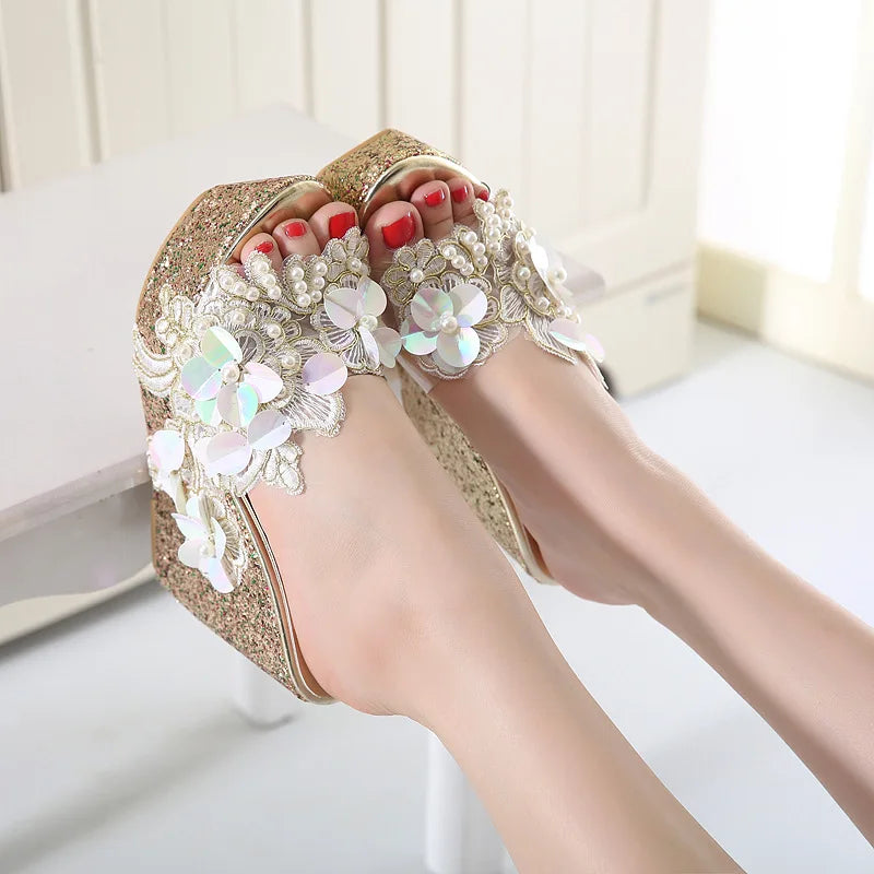 New Summer Flower Decoration Platform Wedges Sandals Women Fashion Silver High Heels Female Summer Gold Shoes Size 34-40