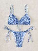 Sexy Floral Print Micro Bikinis Sets Two Pieces Blue Porcelain Swimwear Drawstring Swimsuit Women Biquini Thong Bathing Suits