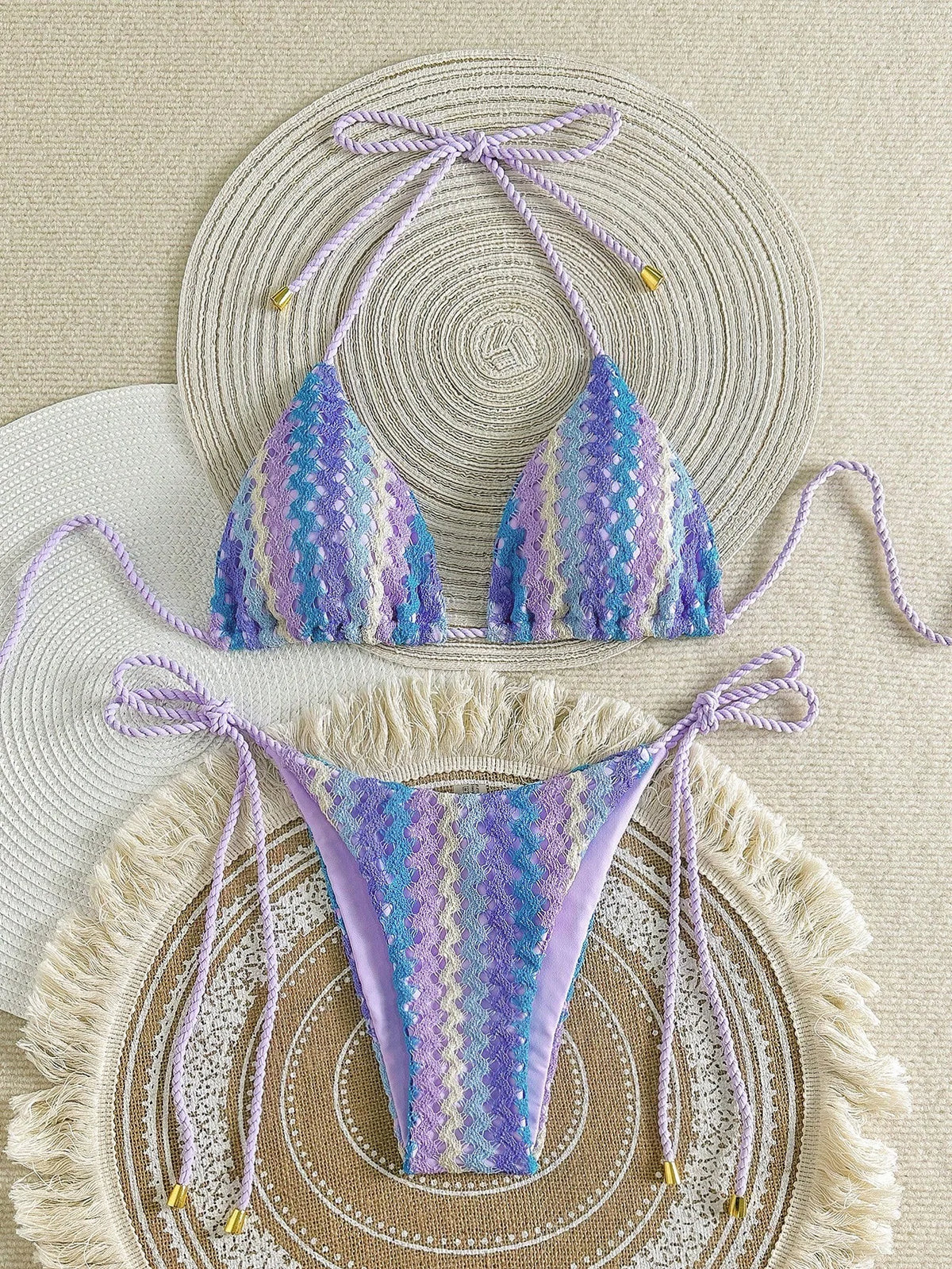 XS - L Mesh Knitted Rope Halter Brazilian Bikini Women Swimwear Female Swimsuit Two-pieces Bikini Set High Cut Bathing Suit Swim