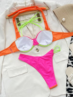 2026 Sexy Bikini Push Up Block Color Patchwork Halter Hollow Swimwear Swimsuit Women Bikini Set Bathing Suit Beach Bikinis Mujer