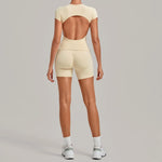 Women's Seamless Yoga Sets Sports Fitness Workout Hip-lifting High Waist Shorts Backless Short-sleeve Vest Suit Gym Training Set