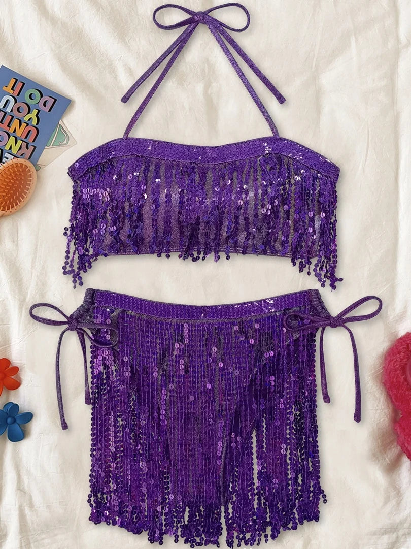 Shiny Glitter Bikini Set 2025 Women Sexy Bandeau Push Up Sequin Tassel Swimsuit Ladies Beach Bathing Suit High Waist Swimwear