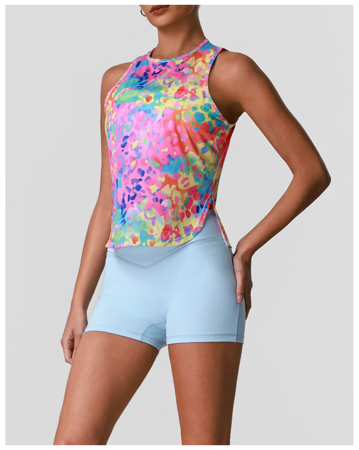 Sports Training Fitness Set Women Summer Ice Tie Dye Gradient Floral T Shirts High Elasticity Hip Lifting Shorts Yoga Sets