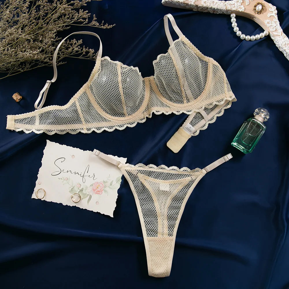 Toucheart Sexy Lingerie Suit for Women Lace Mesh Ultra-thin Underwear Comfortable Bra Set with Steel Rings Hollow Out Underwear