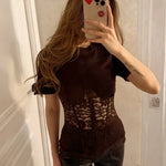 FDYOUI Woman Clothing Lace Patchwork Corset T-shirt 2026 Elegant Sexy Short Sleeve See-through Black Tops Y2K Girls T-shirts