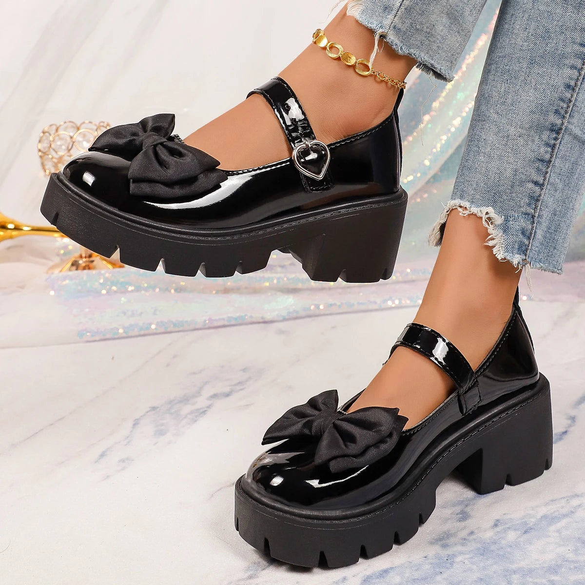 Women Bow Decor Platform Mary Jane Shoes Round‑Toe Ankle Strap Lug‑Sole PU Leather Black Glossy Sweet Casual Daily Shoes