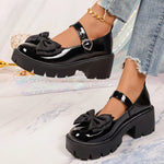 Women Bow Decor Platform Mary Jane Shoes Round‑Toe Ankle Strap Lug‑Sole PU Leather Black Glossy Sweet Casual Daily Shoes