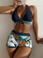 Europe and the United States swimsuit ladies print neck conservative flat Angle high waist split flat Angle bikini high waist