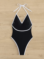 Sexy Deep V Neck One Piece Swimsuit 2025 Women Black Contrast Push Up Backless Slim Tummy Control Swimwear Beach Pool Bather