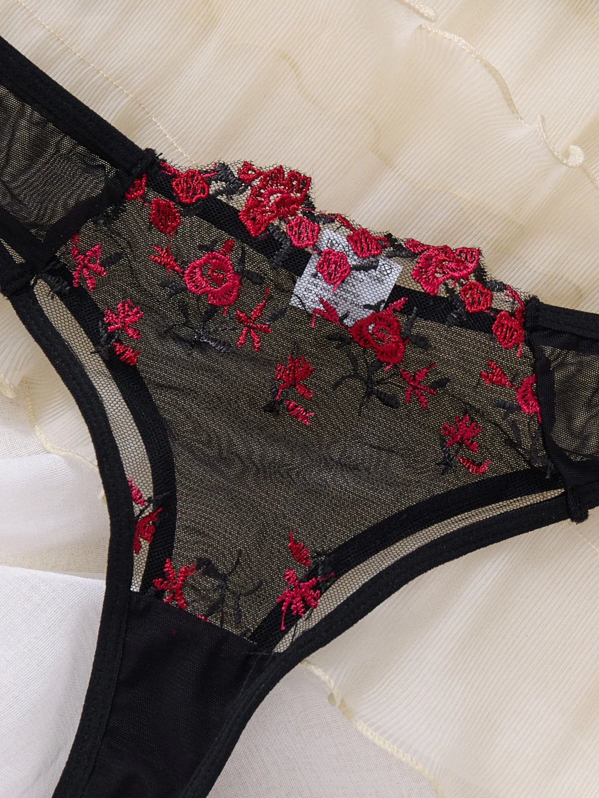 Black Red Rose Embroidery Lingerie Set Women Sheer Mesh Push Up Bra And Thong 2 Piece Sexy Transparent Lace Underwear ZA824026