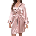 Autumn Women's Satin Long-Sleeved V-Neck Short Kimono Contrasting Trimmed Waist-Binding Pajamas Home Wear Bride Party Dress