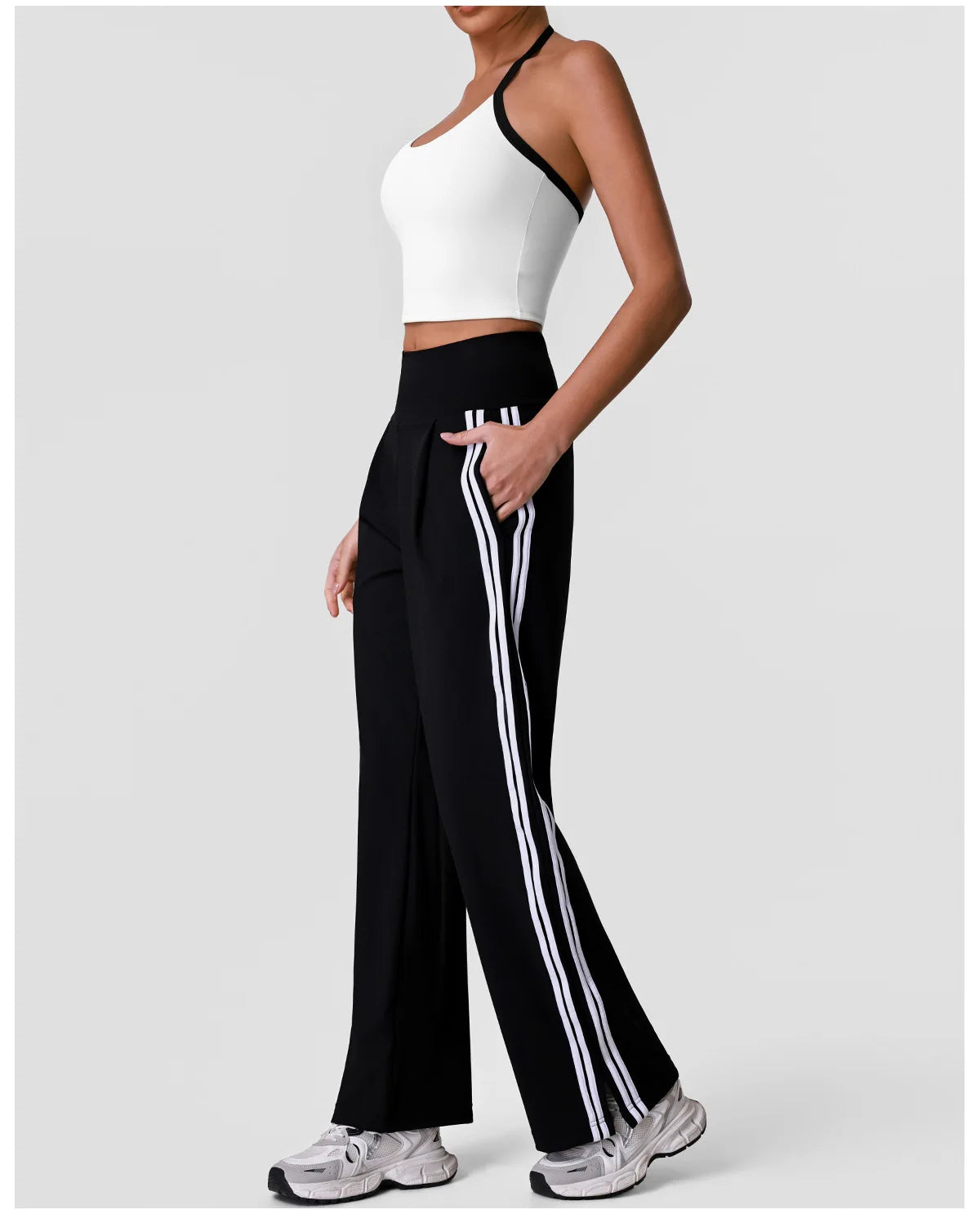 New Contrasting Striped Yoga Sets Women Hanging Neck Slim Sports Vest Gym Outfits High Waist Pocket Pants Running Fitness Suits