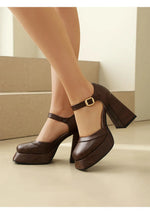 2026 New Women's Mary Janes Sandals Summer Square High Heels Fashionable Sexy Thick Soled Pumps Vintage Sandals Size 34-43