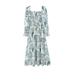French Casual Style Square-neck Slim-fit Dress Feminine With Side Slit Three-quarter Sleeves Waist Cinching Printed Holiday THF3