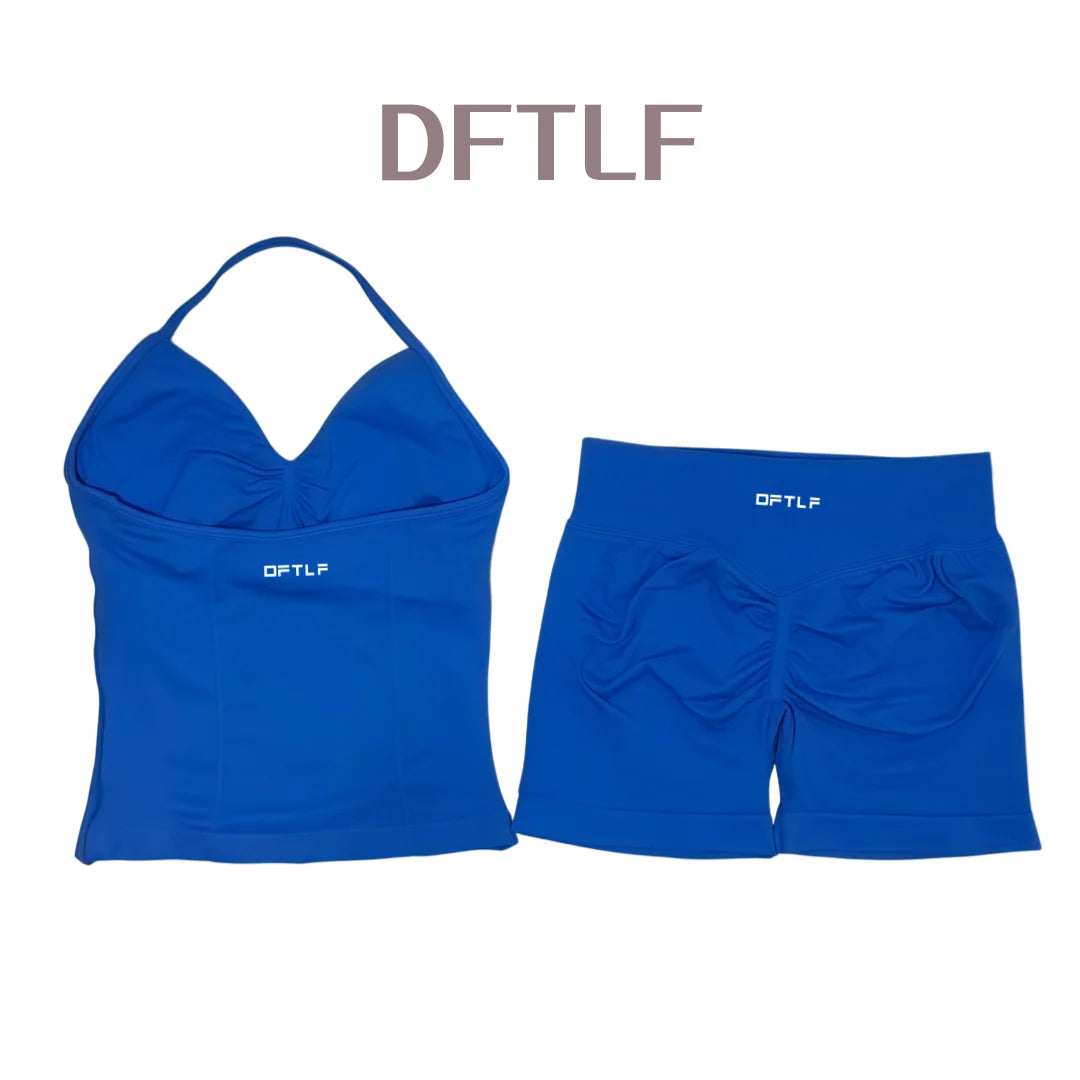 DFTLF 2 Pieces Sports Set Women Backless Tank Yoga Tops High Waist Scrunch Seamless Shorts Sport Gym Set Sportswear Workout Set