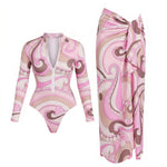 Black And Printed Long Sleeve Swimsuit With Cover Up Sexy Swimwear Women Surf Swim Suit Slimming Bathingsuit Bodysuit Beachwear