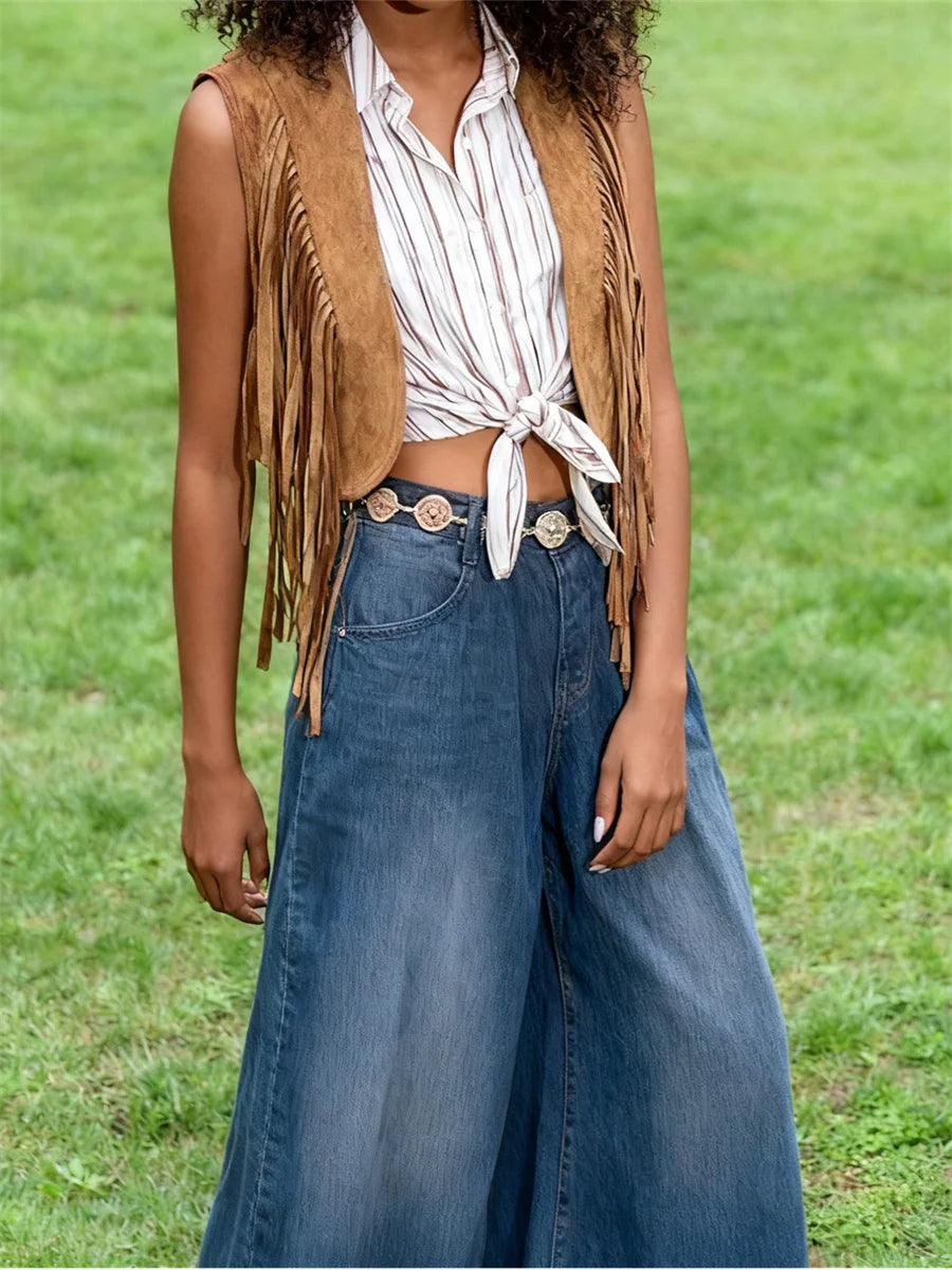Women's Cowgirl Tassel Vest Coat Western style Sleeveless Open Front Cardigan Tops Jackets 70s Hippie Waistcoat