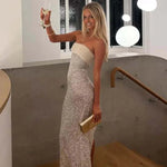 FDYOUI Luxury Bandage Sequins Evening Party Dresses for Women Sexy Strapless Off Shoulder Backless Split Slim Long Wedding Dress