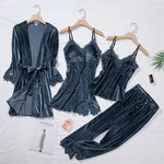 2025 New Gold Velvet Lace Sleepwear Women's Long Sleeve Home Clothes Set with Chest Pad Strap Four Piece Suite Winter Season