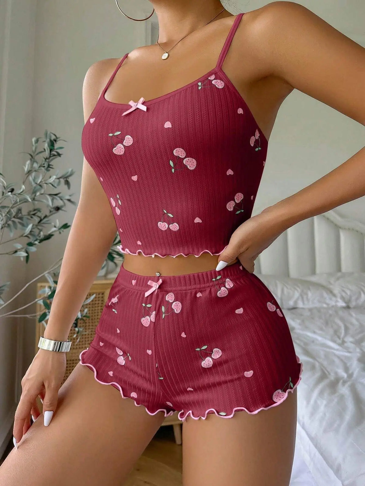 Women's Heart Print Sexy Ribbed Bow Decor Pajama Set, Round Neck Backless Comfortable Crop Cami Top & Shorts, Summer Nightwear