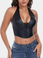 Pure Color Fishbone Shapewear Top Women's PU Leather Neck Buttoned Vest Market Style Underwear And Clothing