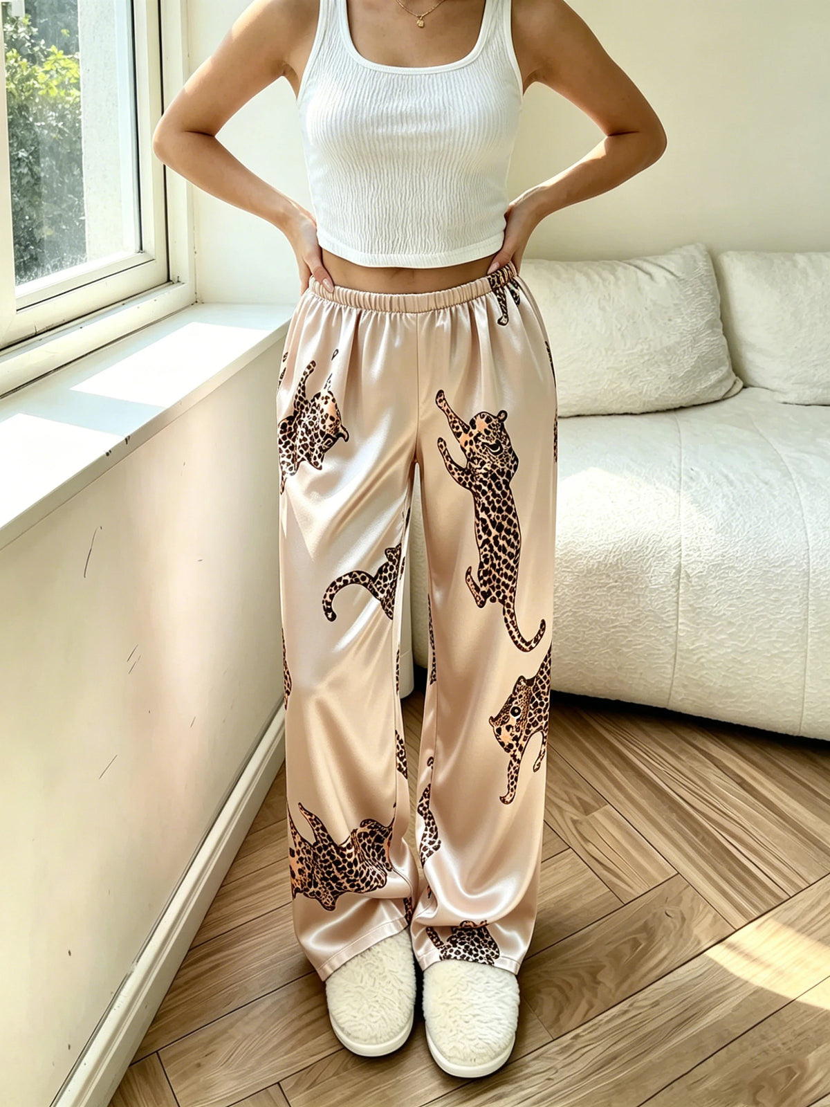 New Women Leopard Print Pajama Pants Elastic Waist Loose Trousers Casual Home Loungewear All Season Sleep Bottoms