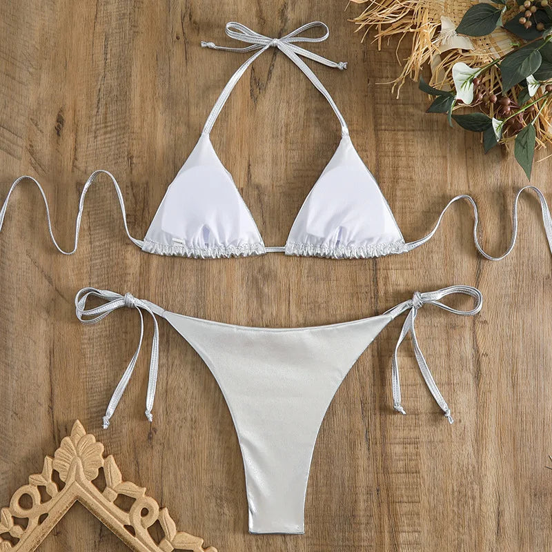 Sexy Red Shiny Triangle Micro Thong Bikinis Sets for Women Mini Swimwear Bathing Suits String Halter Bikini Mujer Swimsuit 2026